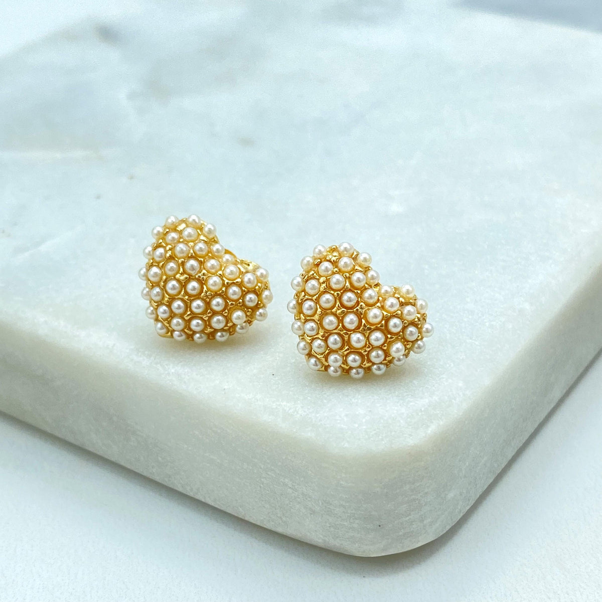18k Gold Filled Heart Stud Earrings with Mini Simulated Pearls, Heart Stud Design with Mini Pearls, Elegant, Feminine & Perfect for Gifting