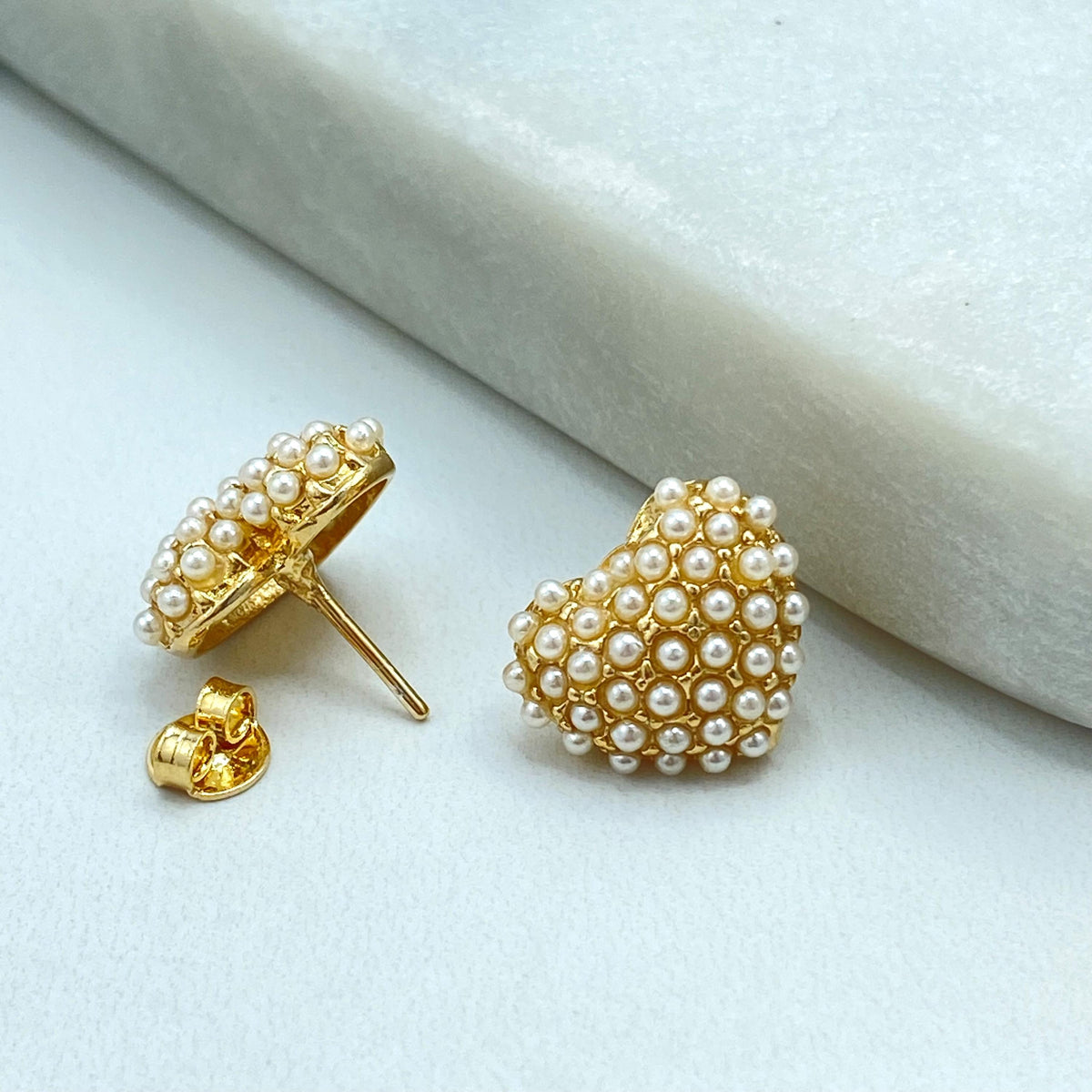 18k Gold Filled Heart Stud Earrings with Mini Simulated Pearls, Heart Stud Design with Mini Pearls, Elegant, Feminine & Perfect for Gifting