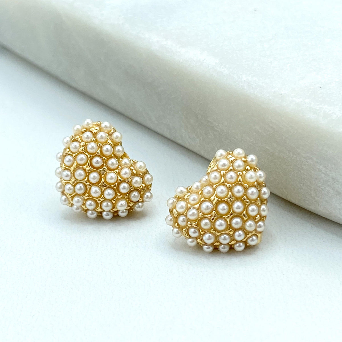 18k Gold Filled Heart Stud Earrings with Mini Simulated Pearls, Heart Stud Design with Mini Pearls, Elegant, Feminine & Perfect for Gifting