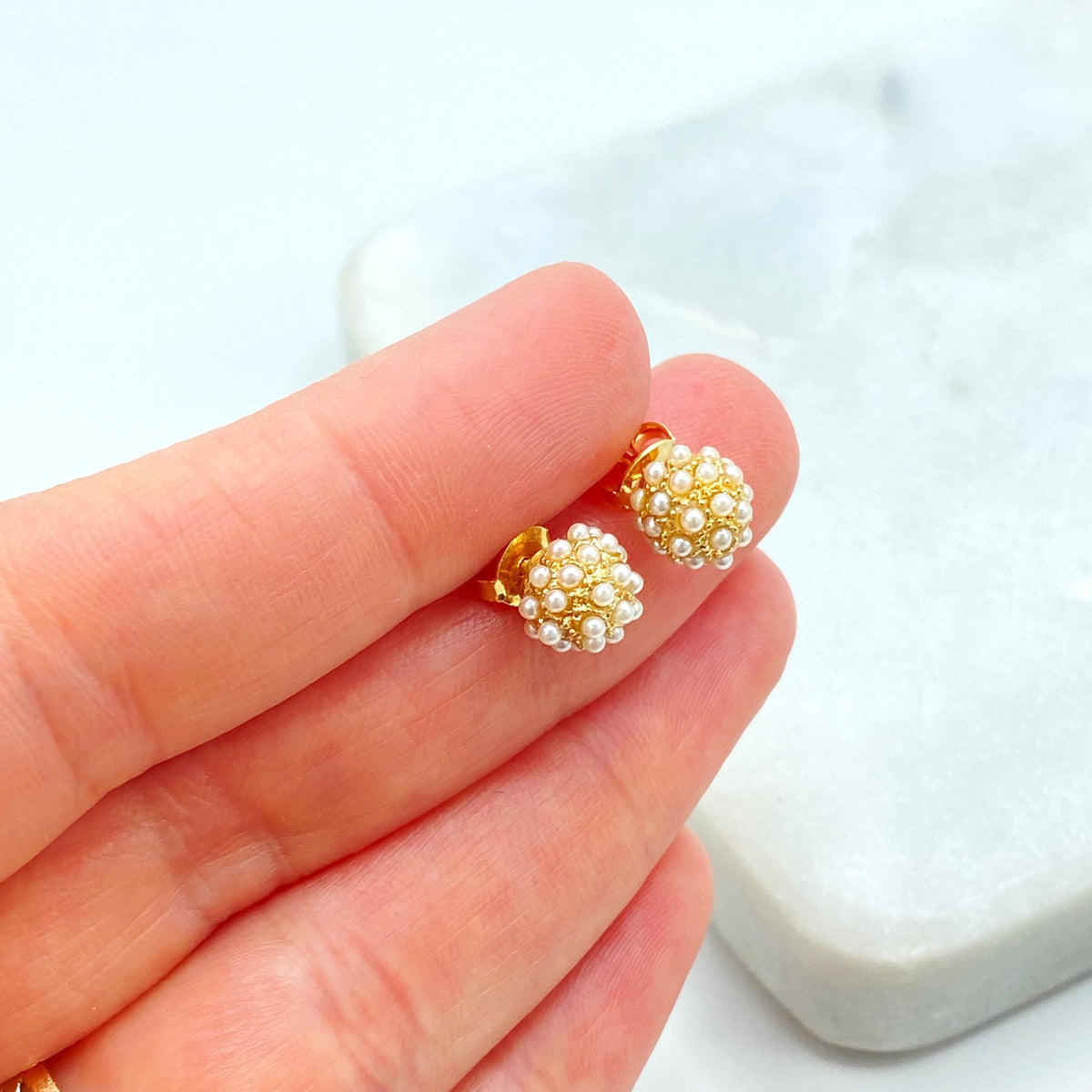18k Gold Filled Pearl Ball Stud Earrings, Elegant, Dainty & Timeless, Small Ball Stud Earrings with Mini Pearls, Wholesale Jewelry