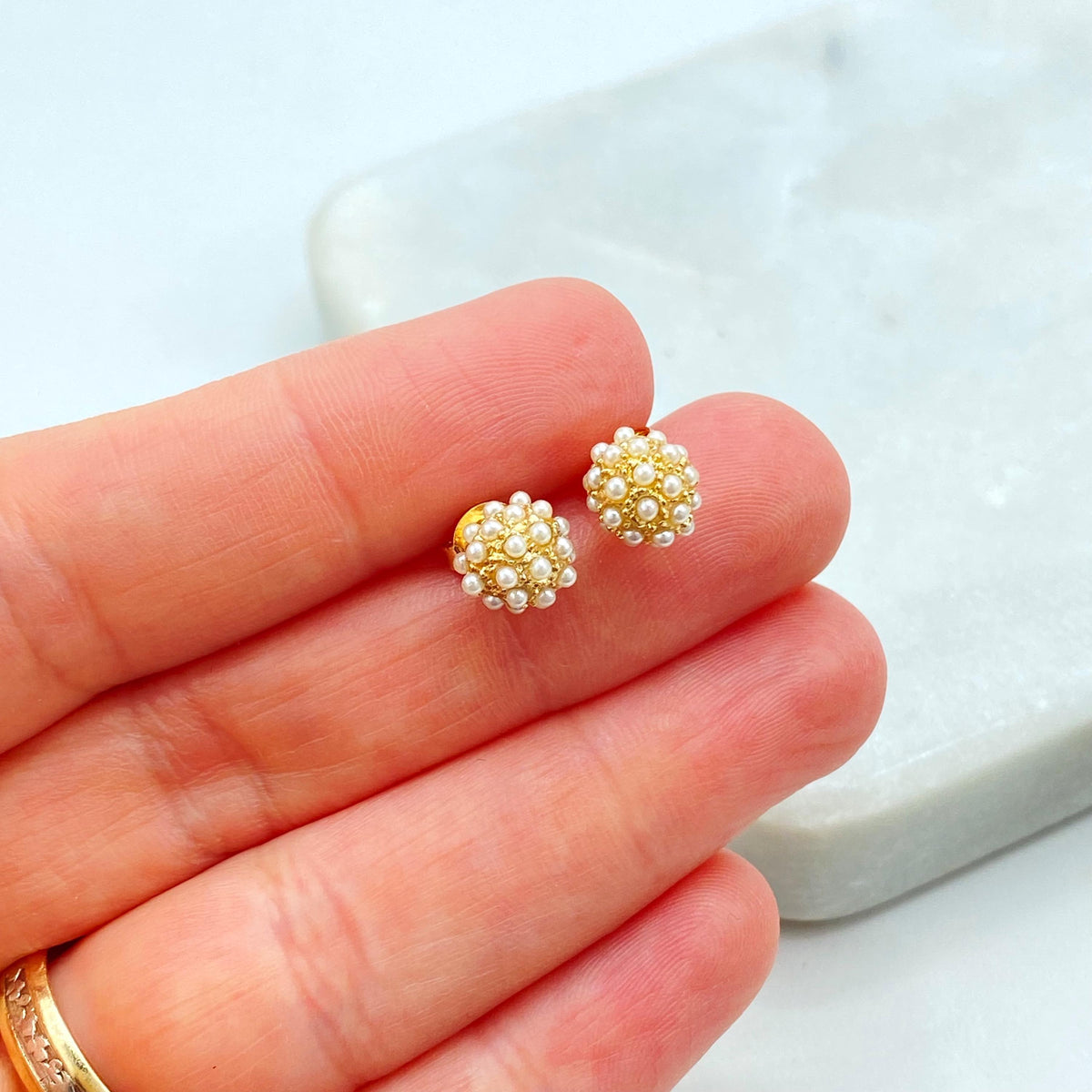 18k Gold Filled Pearl Ball Stud Earrings, Elegant, Dainty & Timeless, Small Ball Stud Earrings with Mini Pearls, Wholesale Jewelry