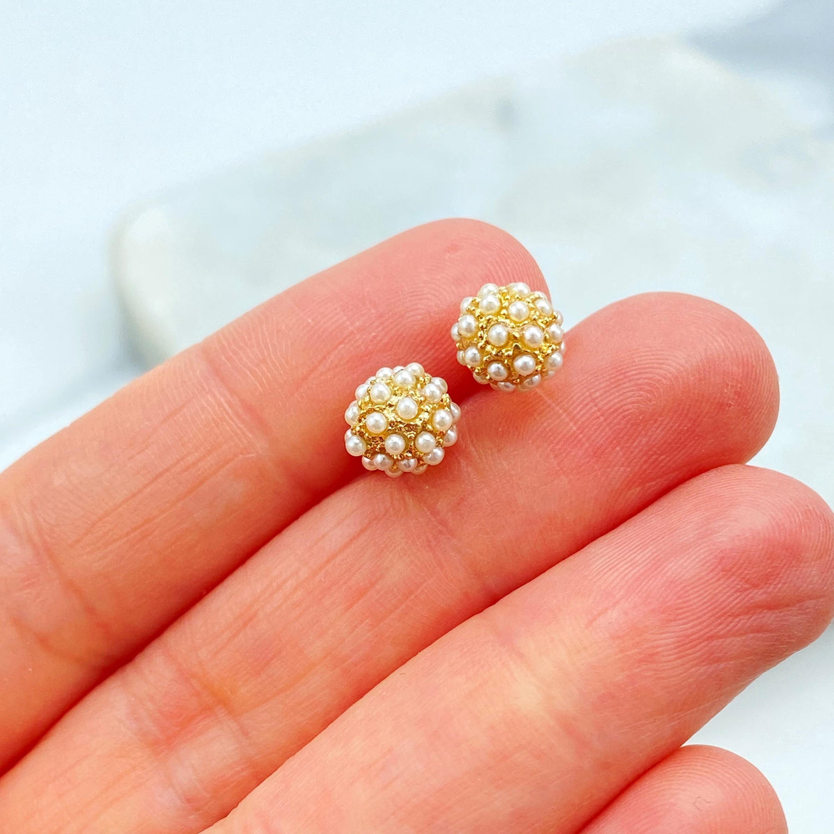 18k Gold Filled Pearl Ball Stud Earrings, Elegant, Dainty & Timeless, Small Ball Stud Earrings with Mini Pearls, Wholesale Jewelry