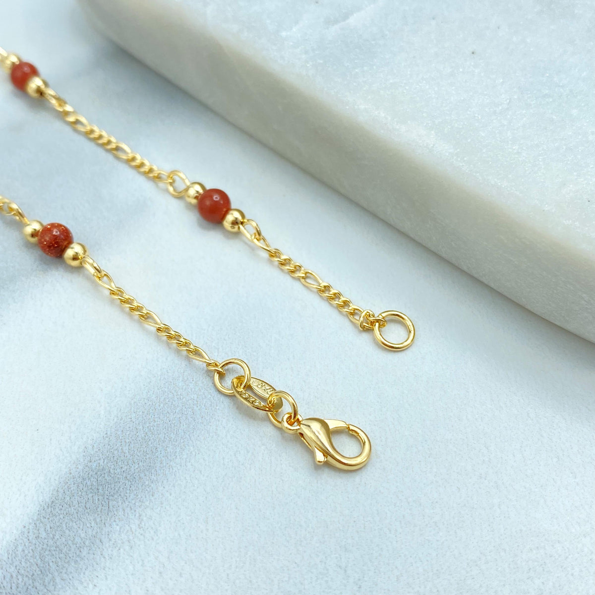 18k Gold Filled Aventurine Linked Bracelet with Figaro Chain, 7.5 Inches Long, Figaro Chain Bracelet with Aventurine, Wholesale Jewelry