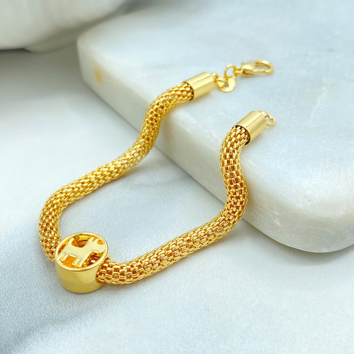 18k Gold Filled Mesh Bracelet with Scottie Dog Charm, 7.5” Inches, 4mm Round Box Chain, Lightweight Gift for Her, Wholesale Jewelry