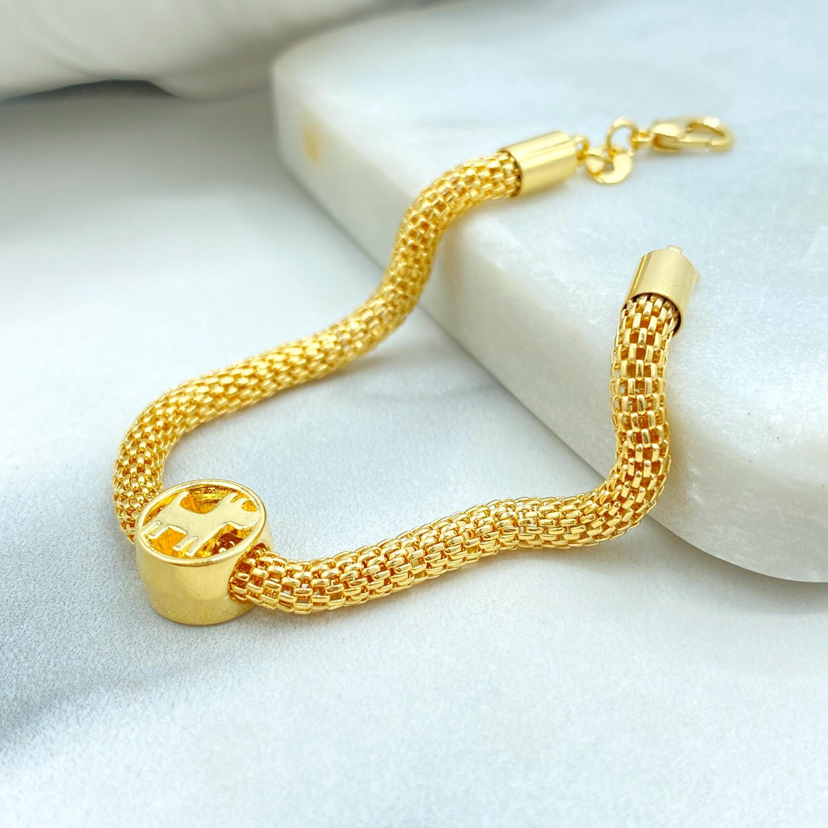 18k Gold Filled Mesh Bracelet with Scottie Dog Charm, 7.5” Inches, 4mm Round Box Chain, Lightweight Gift for Her, Wholesale Jewelry