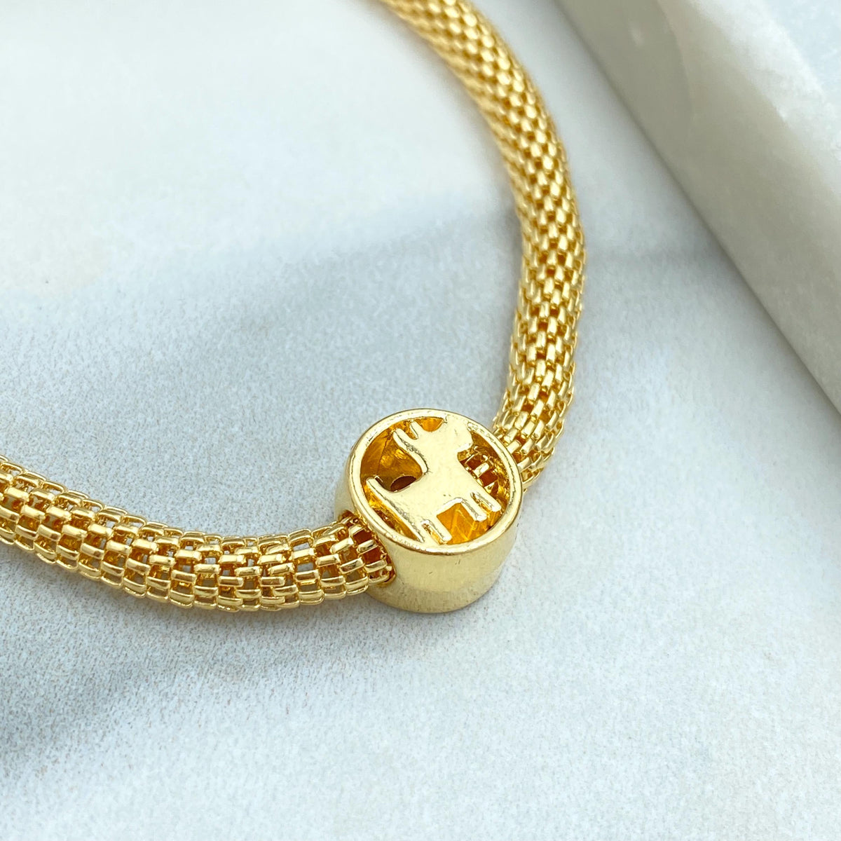 18k Gold Filled Mesh Bracelet with Scottie Dog Charm, 7.5” Inches, 4mm Round Box Chain, Lightweight Gift for Her, Wholesale Jewelry