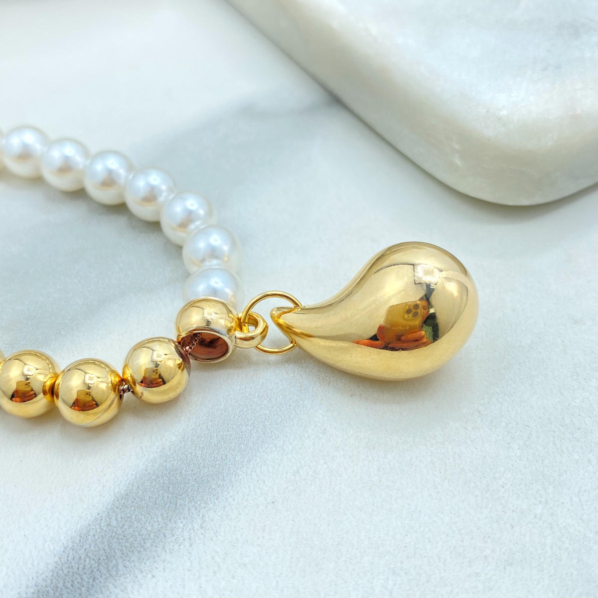18k Gold Filled & Simulated Pearl Beaded Bracelet with Teardrop Charm, 7.5” + 1.5” Extender, Statement Two-Tone Jewelry, Wholesale Jewelry