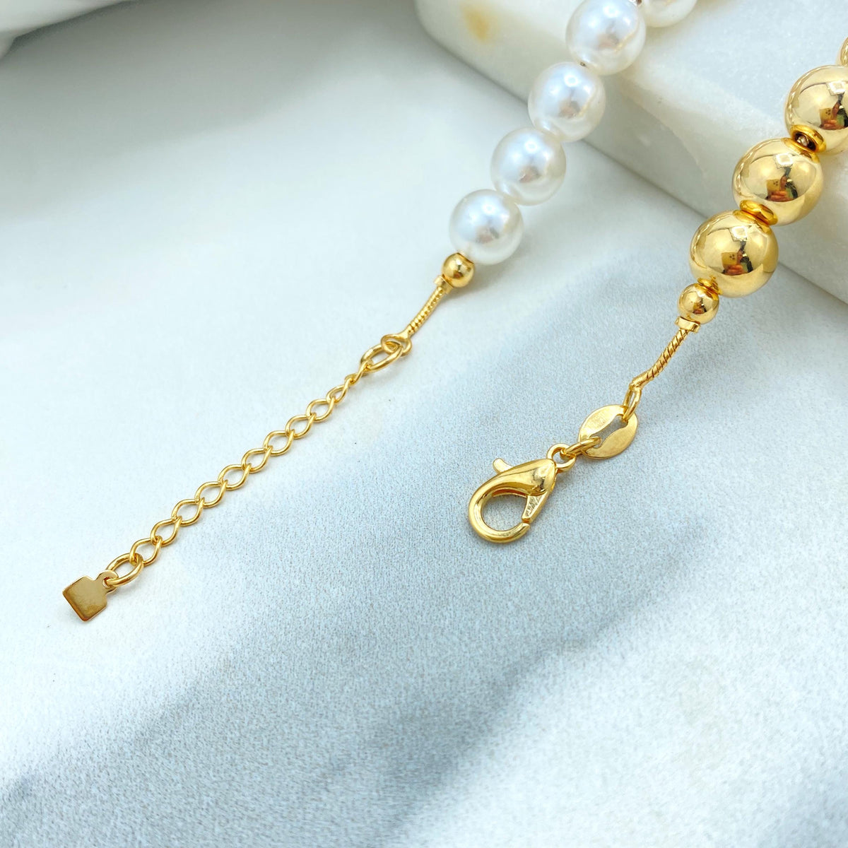 18k Gold Filled & Simulated Pearl Beaded Bracelet with Teardrop Charm, 7.5” + 1.5” Extender, Statement Two-Tone Jewelry, Wholesale Jewelry