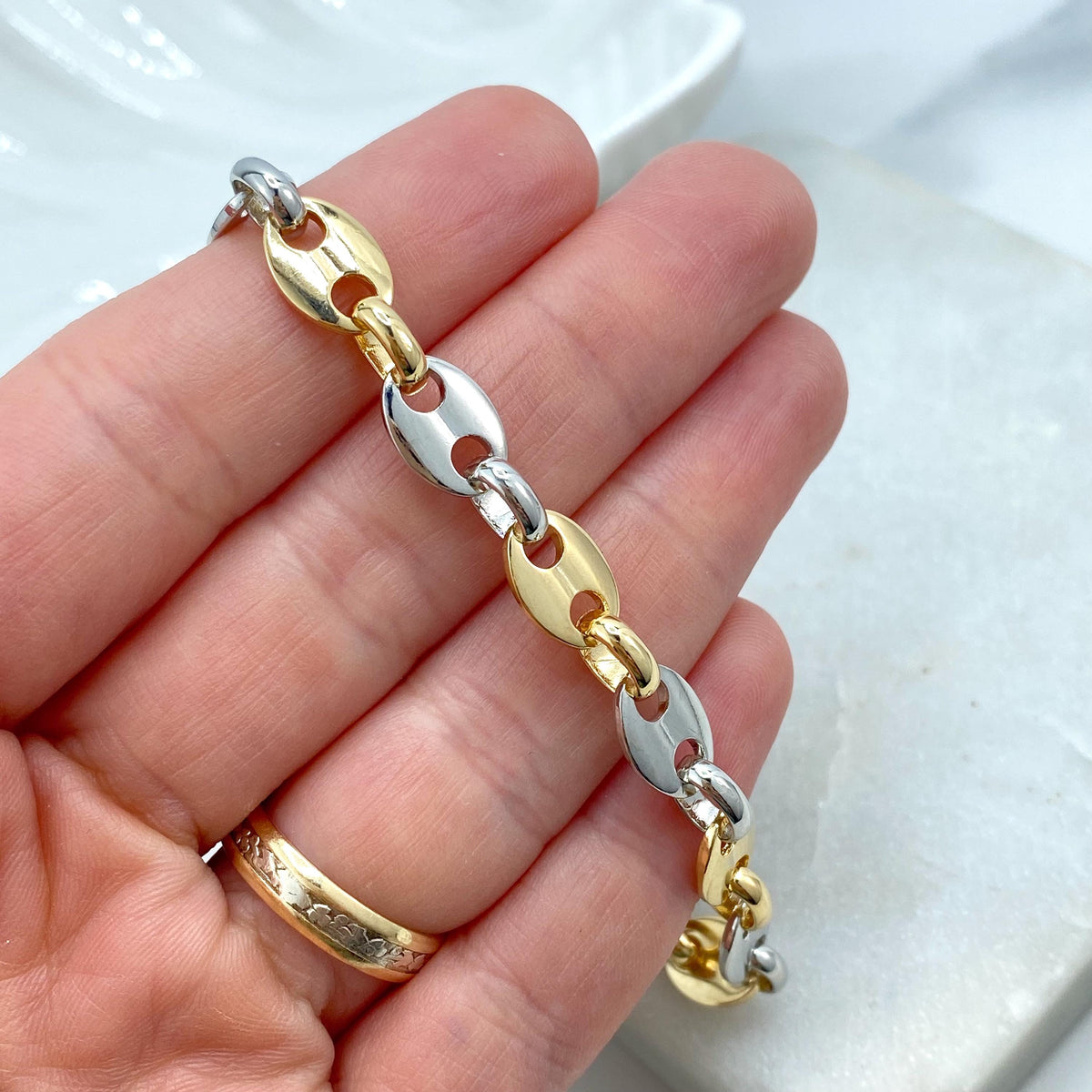 18k Gold Filled & Silver Filled, Two-Tone 8mm Puff Mariner Bracelet, 9" Puffed Mariner Link Chain, Chunky Link Mariner, Wholesale Jewelry