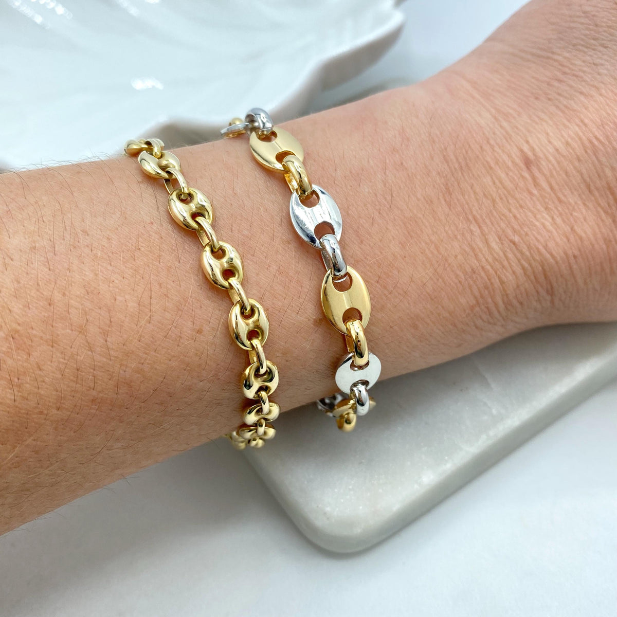 18k Gold Filled & Silver Filled, Two-Tone 8mm Puff Mariner Bracelet, 9" Puffed Mariner Link Chain, Chunky Link Mariner, Wholesale Jewelry