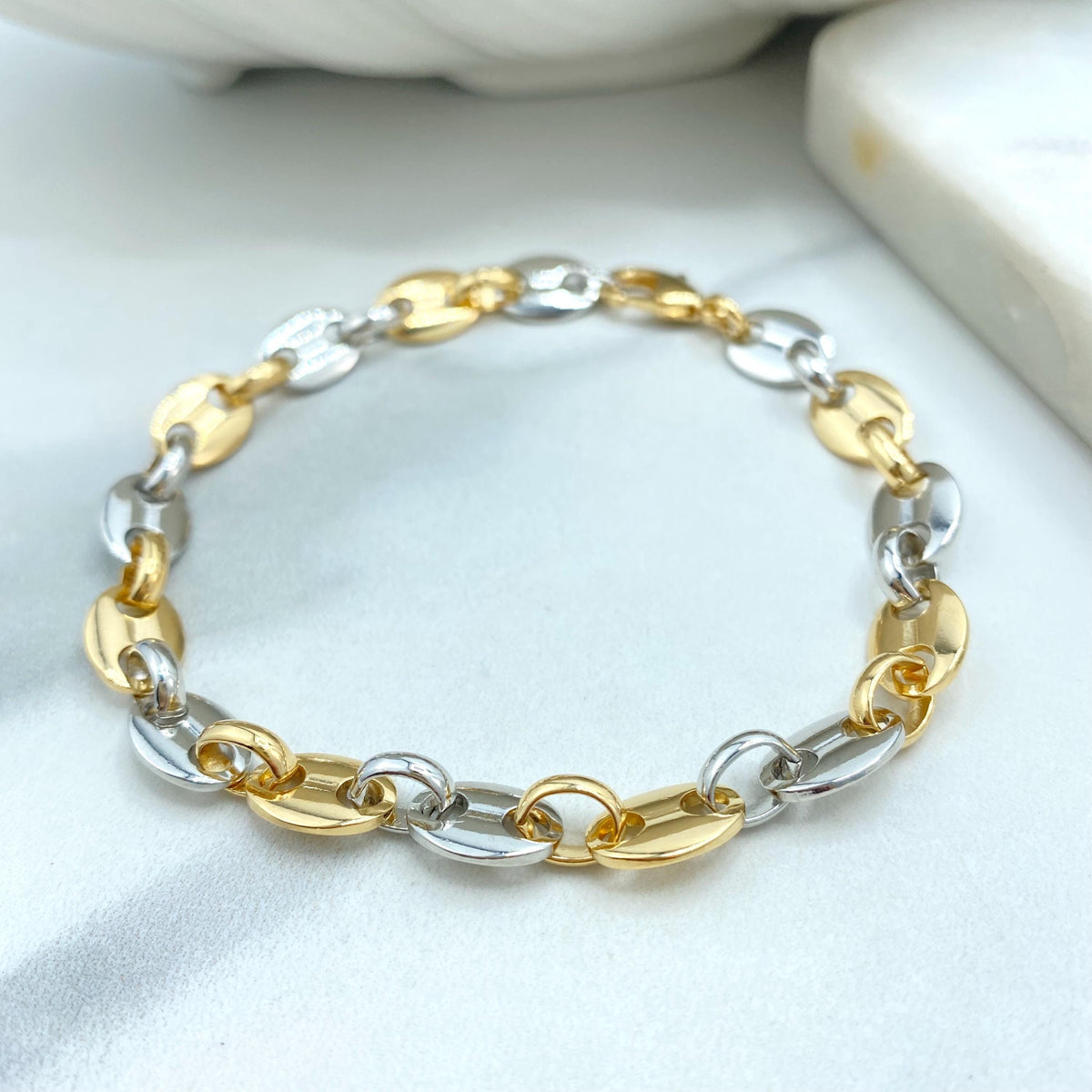 18k Gold Filled & Silver Filled, Two-Tone 8mm Puff Mariner Bracelet, 9" Puffed Mariner Link Chain, Chunky Link Mariner, Wholesale Jewelry