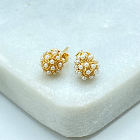 18k Gold Filled Pearl Ball Stud Earrings, Elegant, Dainty & Timeless, Small Ball Stud Earrings with Mini Pearls, Wholesale Jewelry