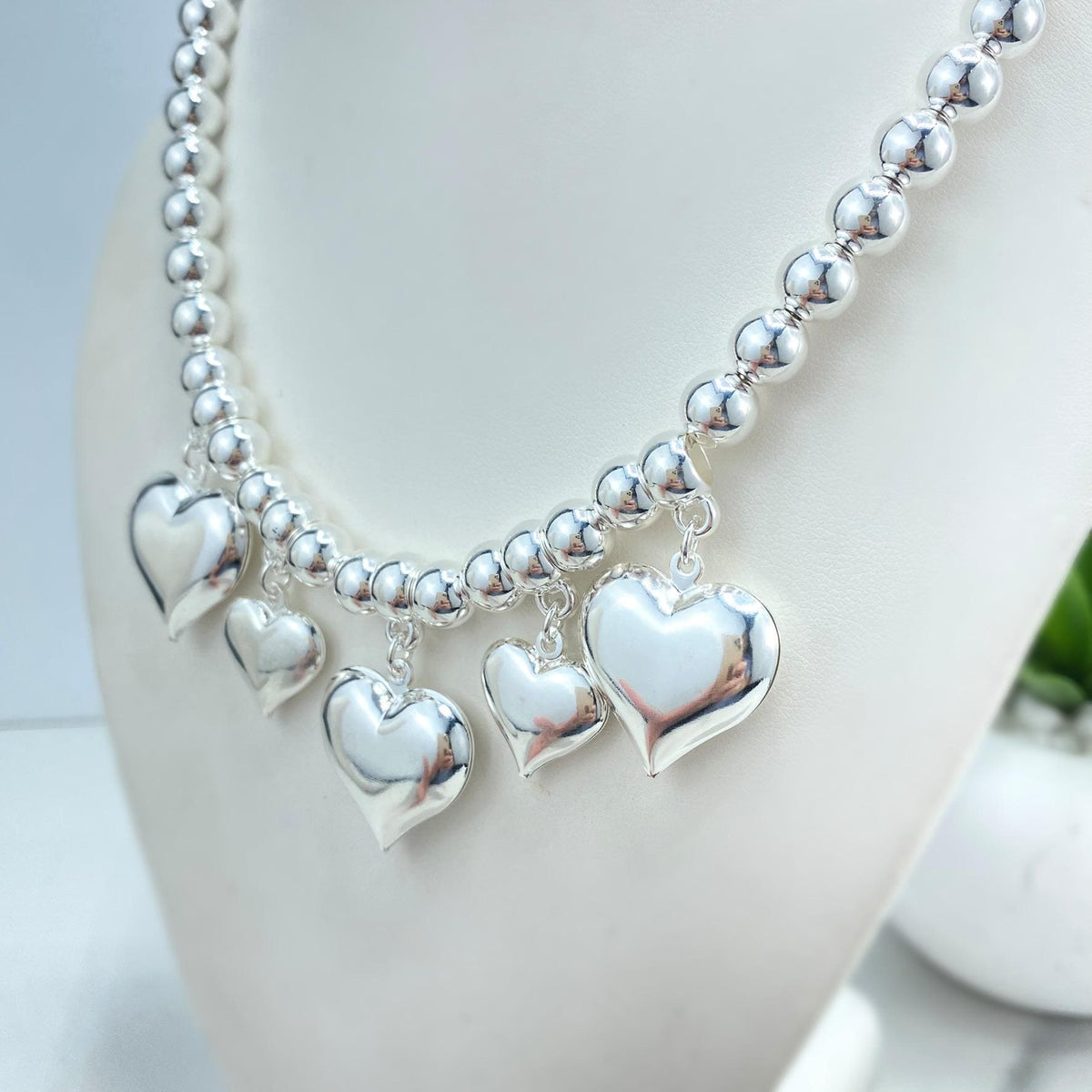 Silver Filled Beads Balls with Dangle Hearts Charms Necklace, Bracelet, Kids Bracelet or Kids Anklet, Silver Beaded Set, Wholesale Jewelry