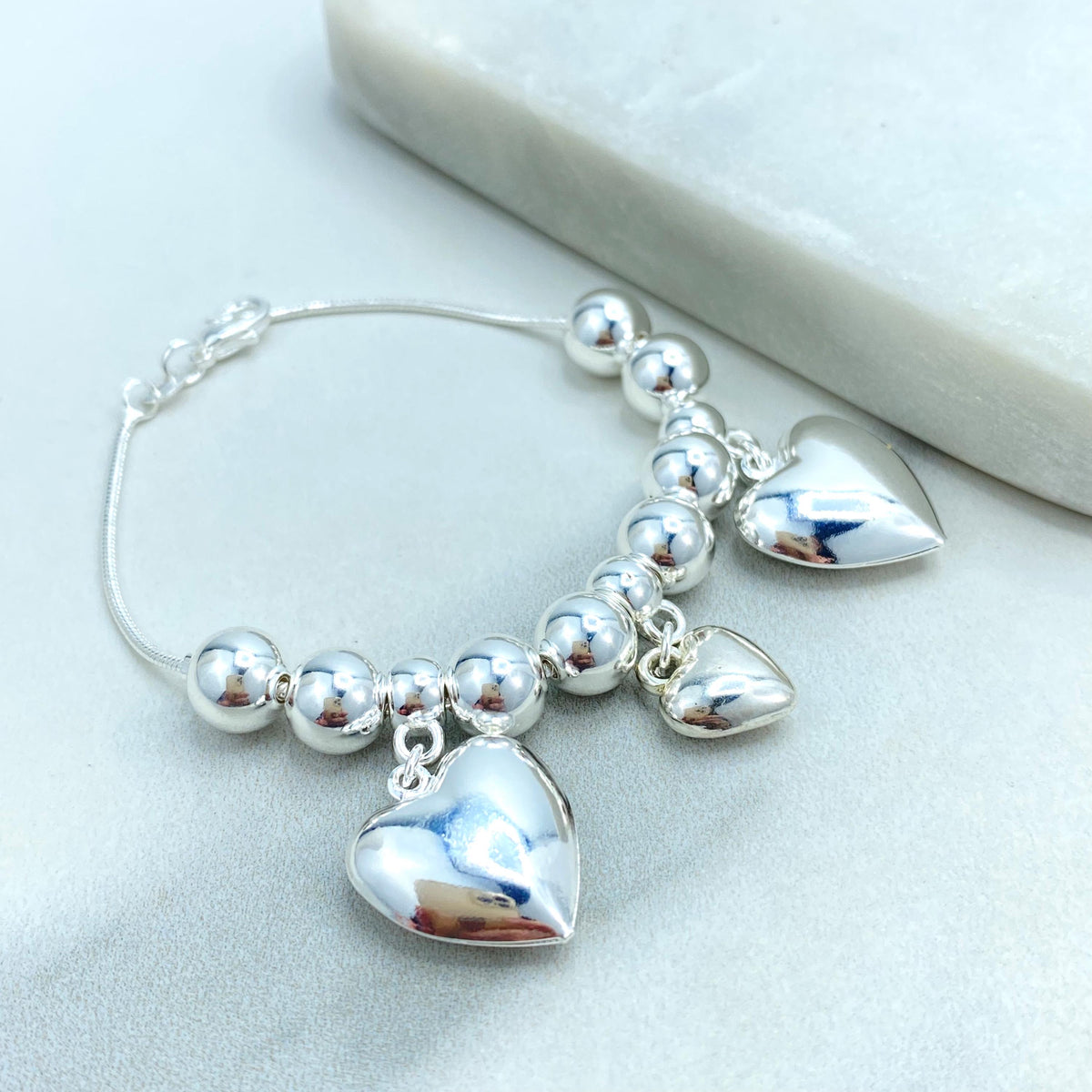 Silver Filled Beads Balls with Dangle Hearts Charms Necklace, Bracelet, Kids Bracelet or Kids Anklet, Silver Beaded Set, Wholesale Jewelry