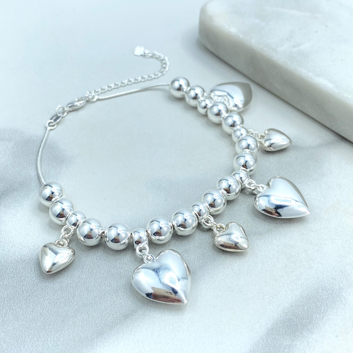 Silver Filled Beads Balls with Dangle Hearts Charms Necklace, Bracelet, Kids Bracelet or Kids Anklet, Silver Beaded Set, Wholesale Jewelry