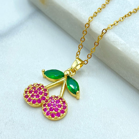 Stainless Steel Cherry Pendant Necklace, Pink CZ Fruit Jewelry, Cute Summer Necklace, Colored CZ Cherry Necklace, Wholesale Jewelry