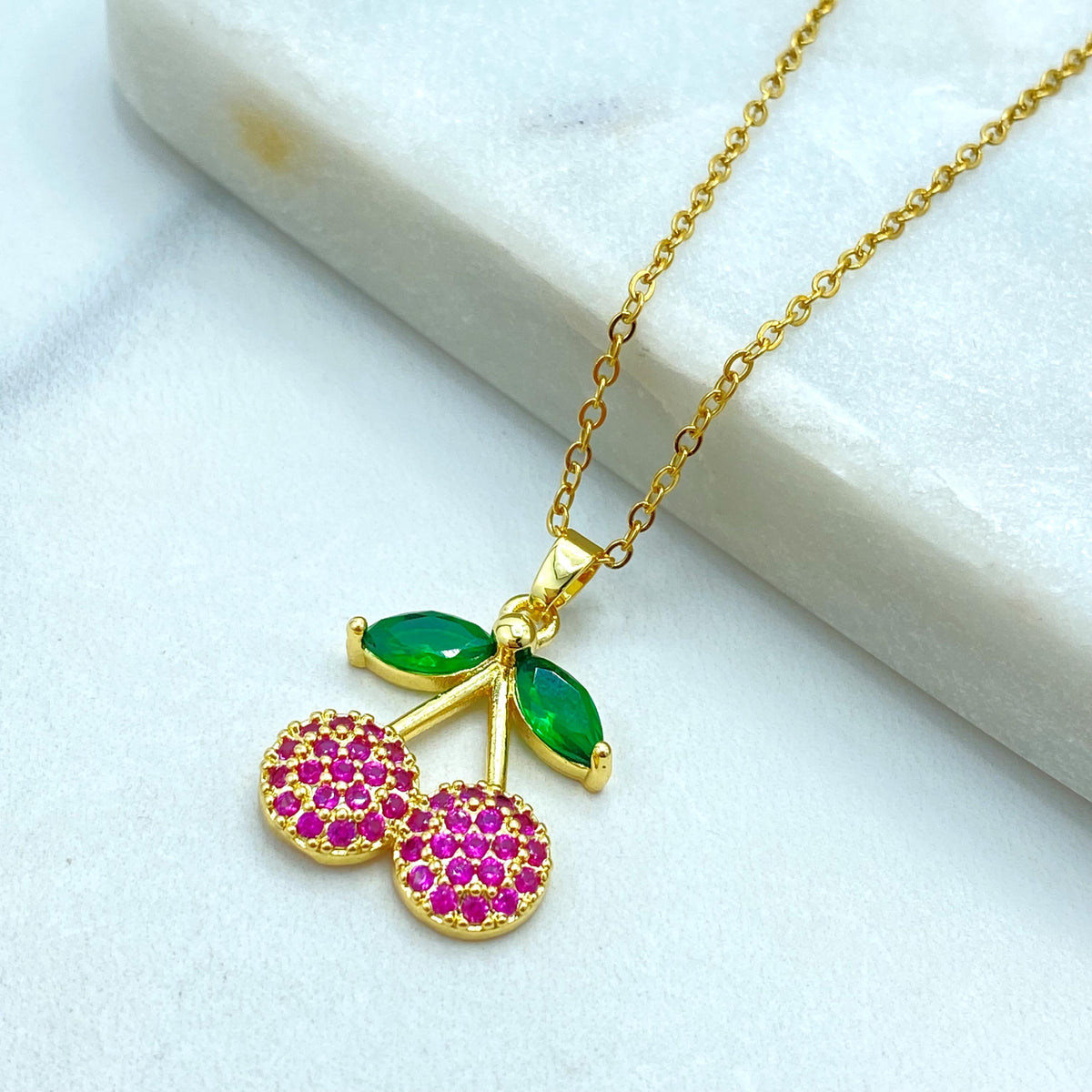 Stainless Steel Cherry Pendant Necklace, Pink CZ Fruit Jewelry, Cute Summer Necklace, Colored CZ Cherry Necklace, Wholesale Jewelry