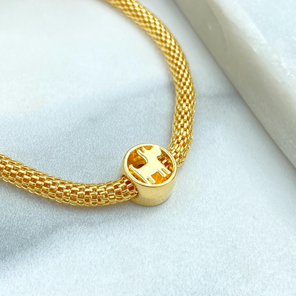 18k Gold Filled Mesh Bracelet with Scottie Dog Charm, 7.5” Inches, 4mm Round Box Chain, Lightweight Gift for Her, Wholesale Jewelry