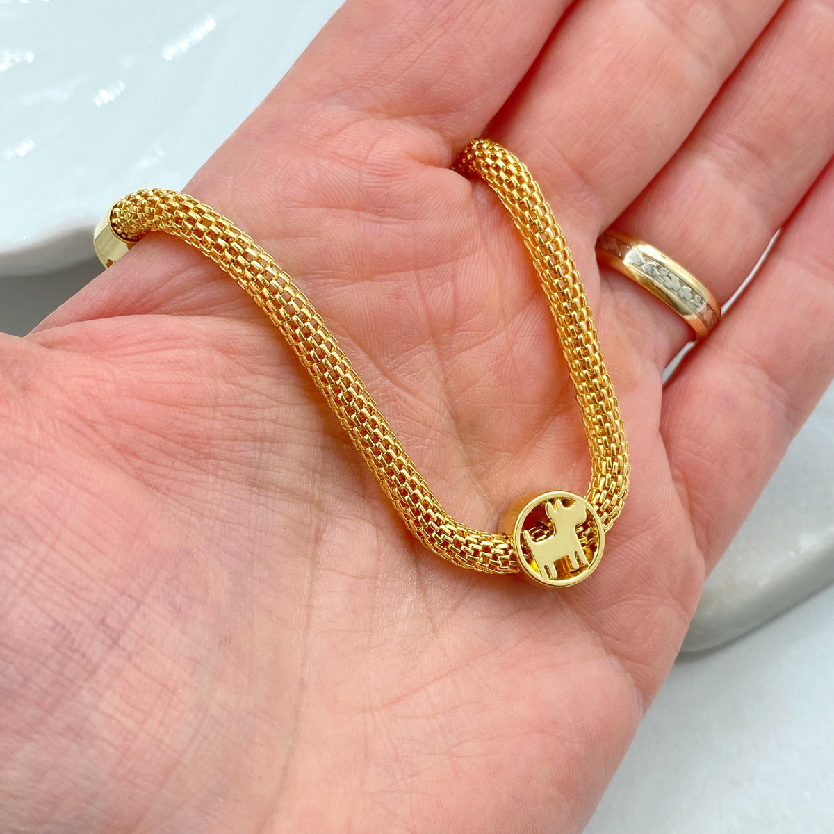 18k Gold Filled Mesh Bracelet with Scottie Dog Charm, 7.5” Inches, 4mm Round Box Chain, Lightweight Gift for Her, Wholesale Jewelry