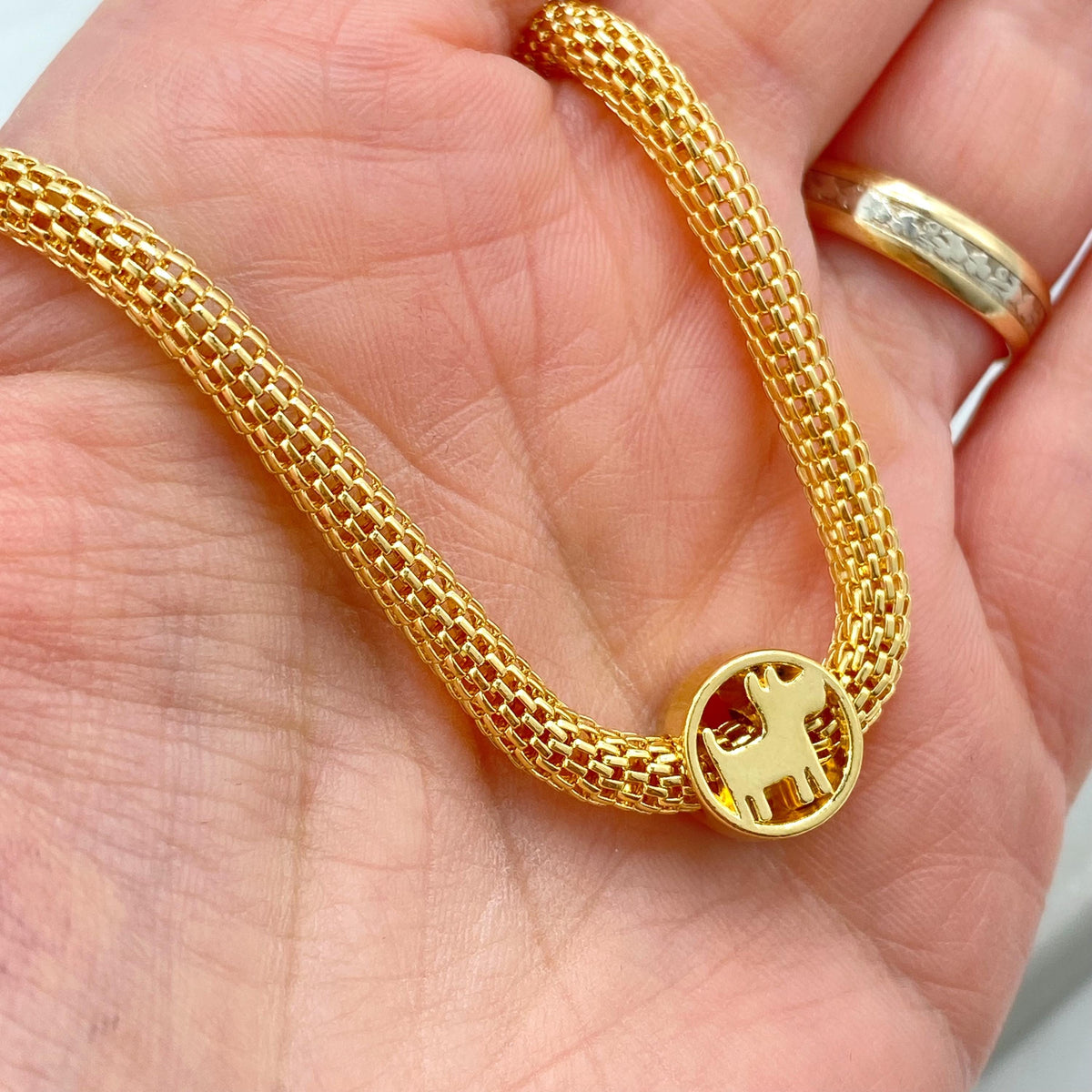 18k Gold Filled Mesh Bracelet with Scottie Dog Charm, 7.5” Inches, 4mm Round Box Chain, Lightweight Gift for Her, Wholesale Jewelry