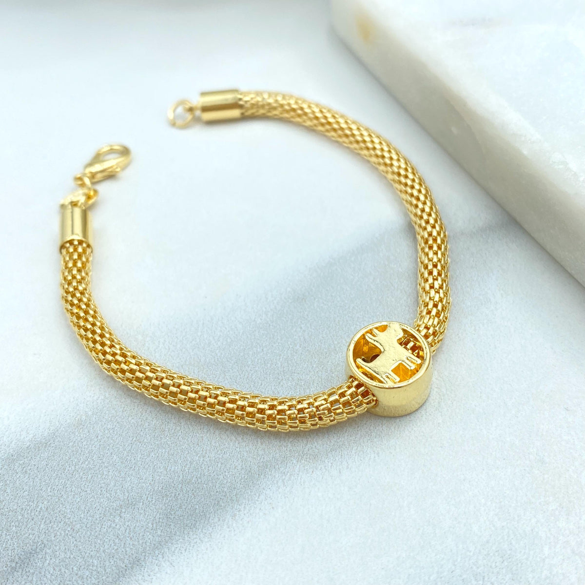 18k Gold Filled Mesh Bracelet with Scottie Dog Charm, 7.5” Inches, 4mm Round Box Chain, Lightweight Gift for Her, Wholesale Jewelry