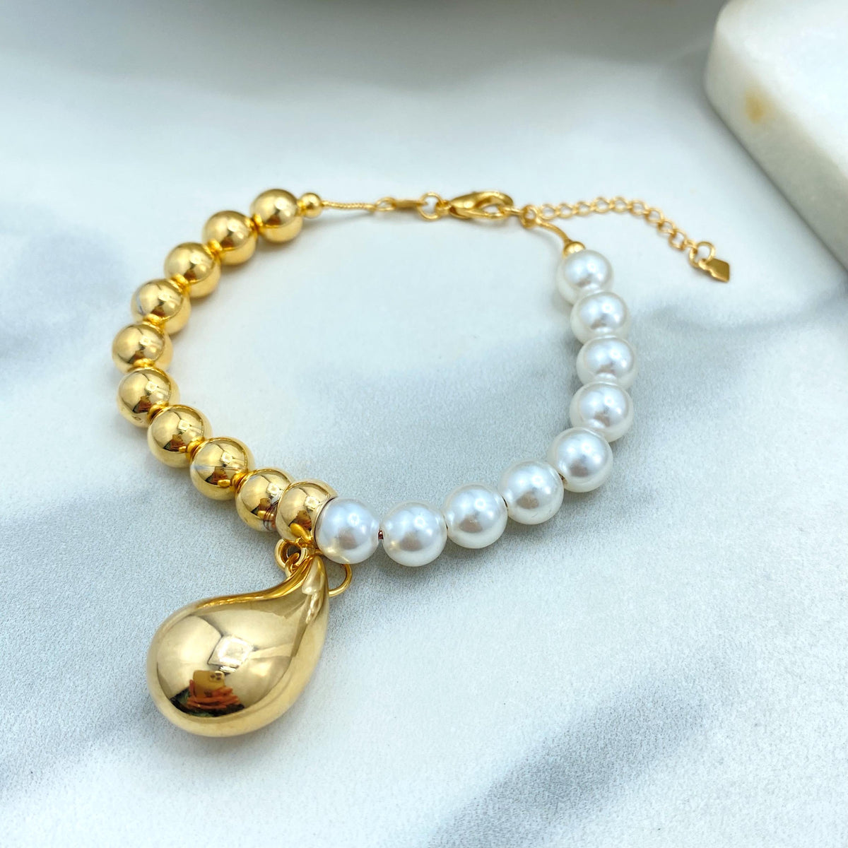 18k Gold Filled & Simulated Pearl Beaded Bracelet with Teardrop Charm, 7.5” + 1.5” Extender, Statement Two-Tone Jewelry, Wholesale Jewelry