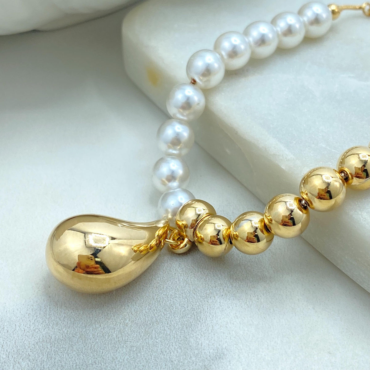 18k Gold Filled & Simulated Pearl Beaded Bracelet with Teardrop Charm, 7.5” + 1.5” Extender, Statement Two-Tone Jewelry, Wholesale Jewelry