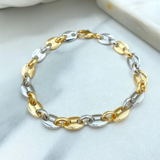 18k Gold Filled & Silver Filled, Two-Tone 8mm Puff Mariner Bracelet, 9" Puffed Mariner Link Chain, Chunky Link Mariner, Wholesale Jewelry