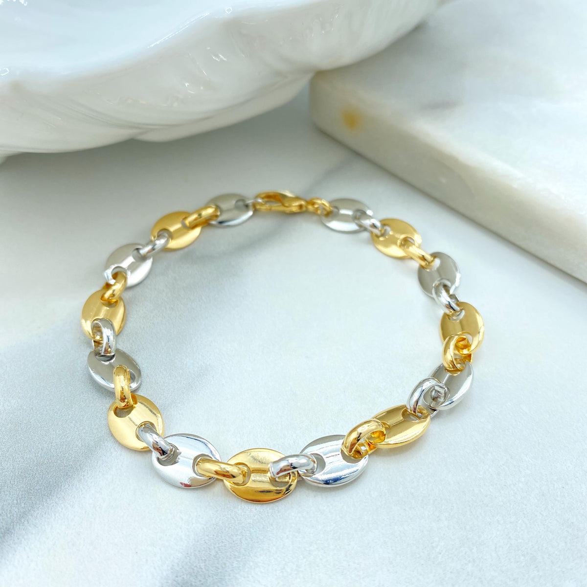 18k Gold Filled & Silver Filled, Two-Tone 8mm Puff Mariner Bracelet, 9" Puffed Mariner Link Chain, Chunky Link Mariner, Wholesale Jewelry