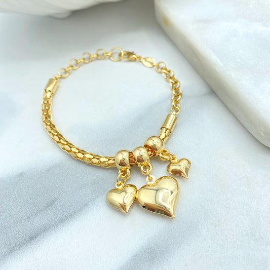 18k Gold Filled Heart Charm Bracelet, Puffy Hearts & Beaded Accents Bracelet, 7.5 Inches, Rolo Chain and Popcorn Chain, Wholesale Jewelry