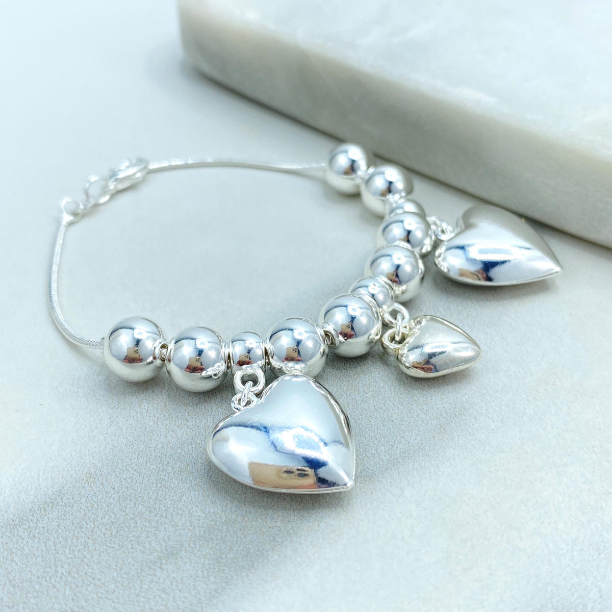 Silver Filled Beads Balls with Dangle Hearts Charms Necklace, Bracelet, Kids Bracelet or Kids Anklet, Silver Beaded Set, Wholesale Jewelry