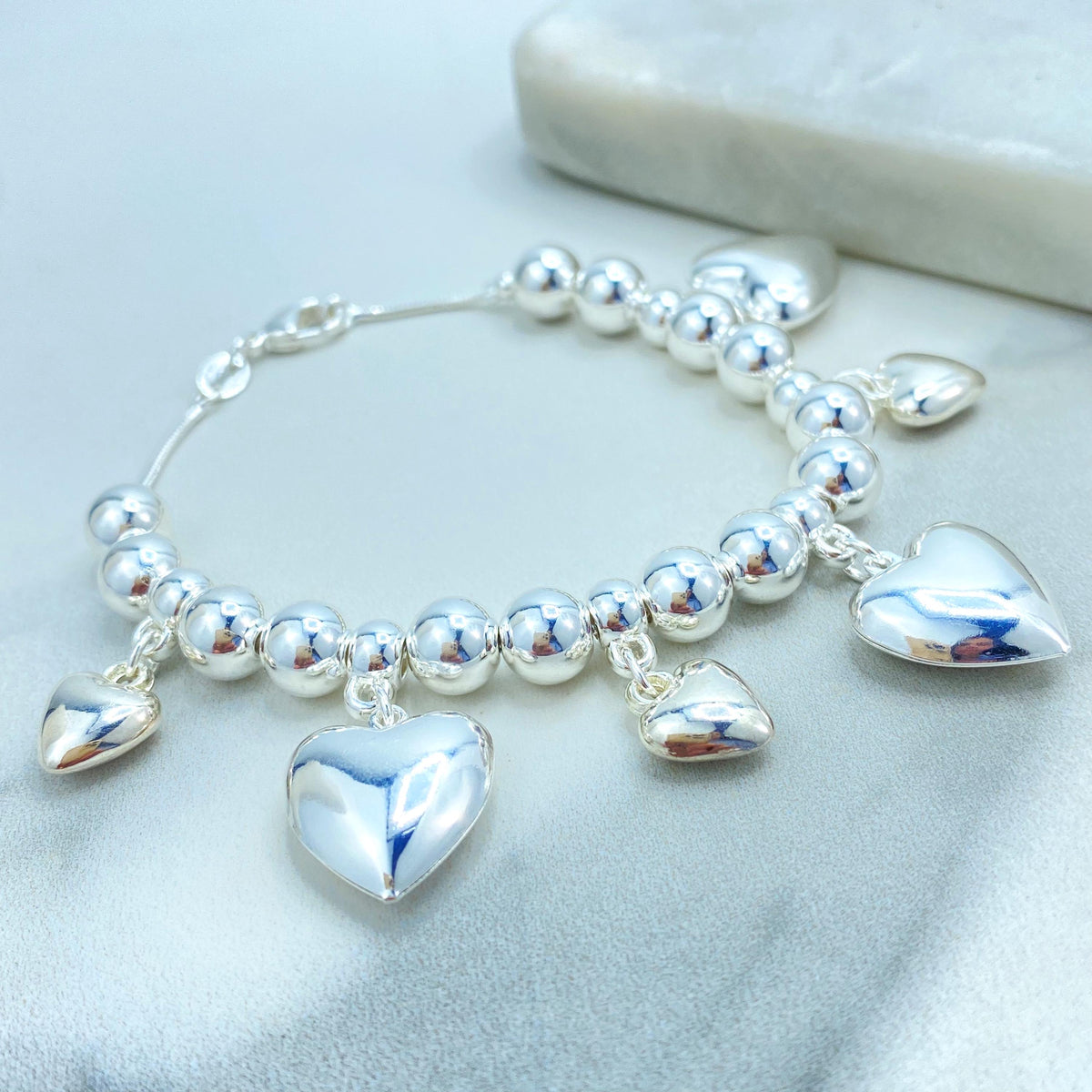 Silver Filled Beads Balls with Dangle Hearts Charms Necklace, Bracelet, Kids Bracelet or Kids Anklet, Silver Beaded Set, Wholesale Jewelry