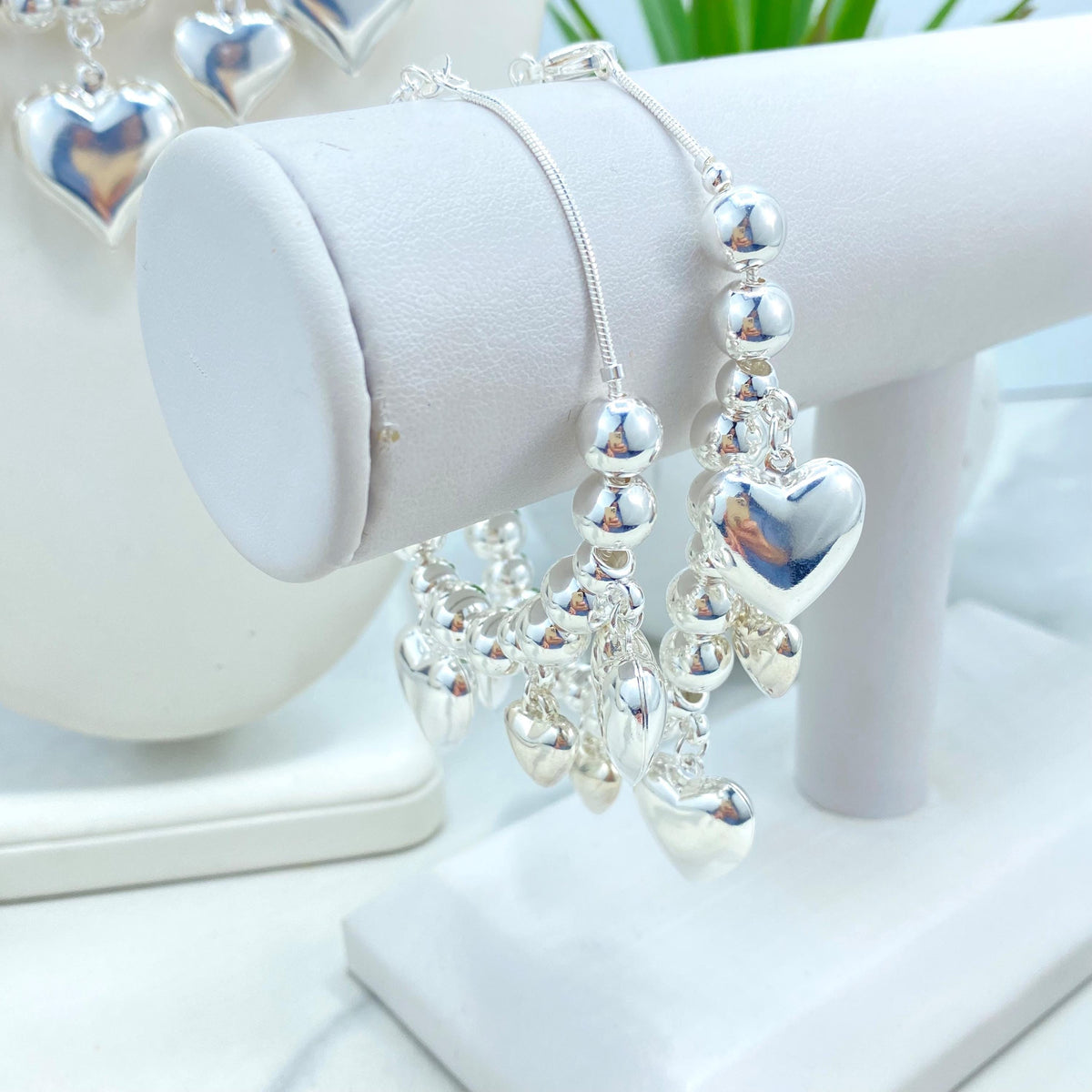 Silver Filled Beads Balls with Dangle Hearts Charms Necklace, Bracelet, Kids Bracelet or Kids Anklet, Silver Beaded Set, Wholesale Jewelry