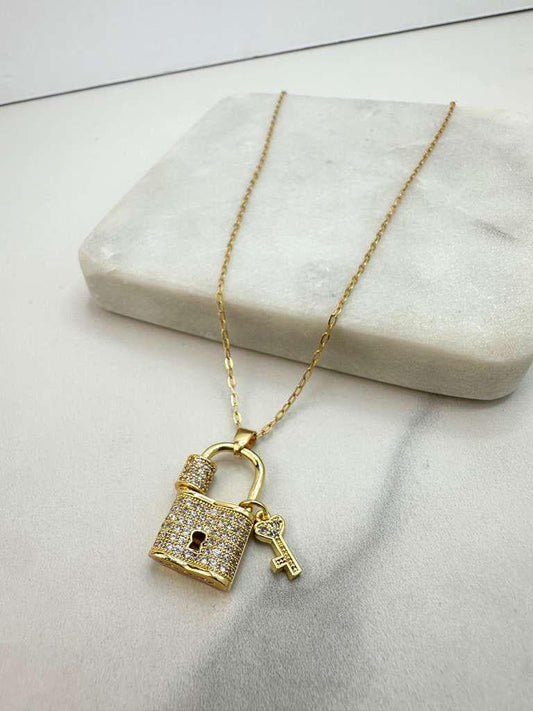 18k Gold Filled Paperclip Chain with CZ Padlock + Key Charm Necklace, with Extender, Symbol of Love & Protection Necklace, Wholesale Jewelry