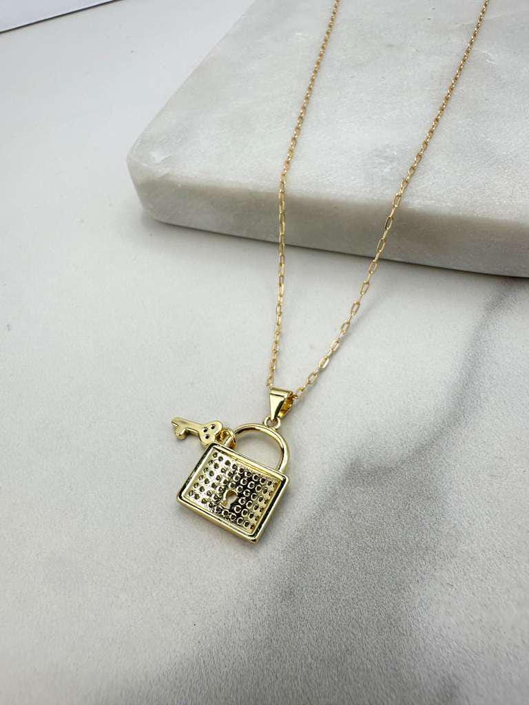 18k Gold Filled Paperclip Chain with CZ Padlock + Key Charm Necklace, with Extender, Symbol of Love & Protection Necklace, Wholesale Jewelry