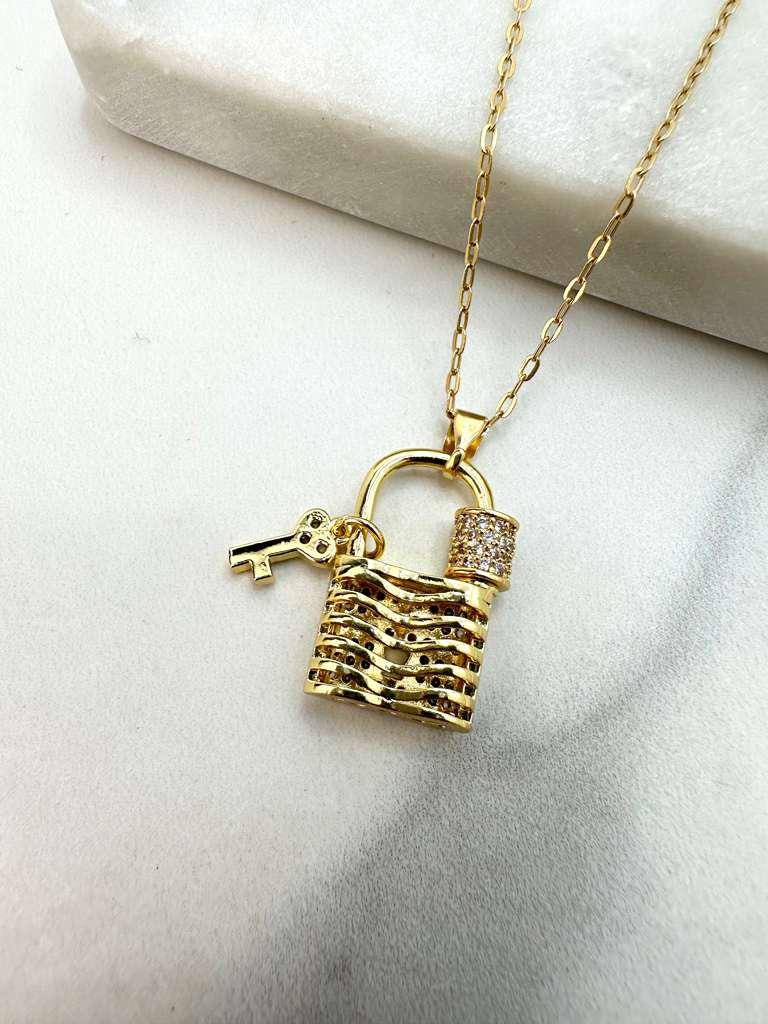 18k Gold Filled Paperclip Chain with CZ Padlock + Key Charm Necklace, with Extender, Symbol of Love & Protection Necklace, Wholesale Jewelry