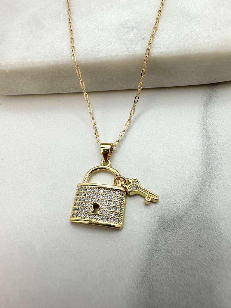 18k Gold Filled Paperclip Chain with CZ Padlock + Key Charm Necklace, with Extender, Symbol of Love & Protection Necklace, Wholesale Jewelry
