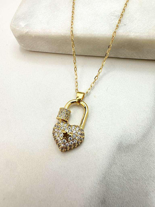 18k Gold Filled Paperclip Chain with CZ Heart Padlock + Key Charm Necklace, with Extender, Symbol of Love & Protection, Wholesale Jewelry