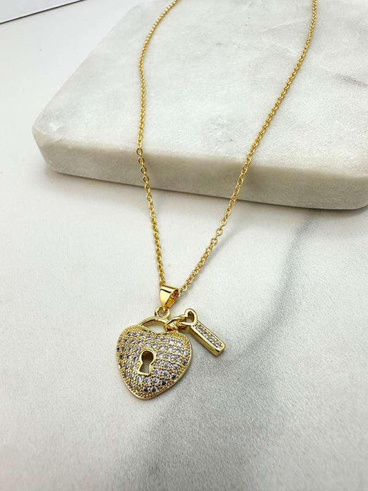 18k Gold Filled Paperclip Chain with CZ Heart Padlock + Key Charm Necklace, with Extender, Symbol of Love & Protection, Wholesale Jewelry