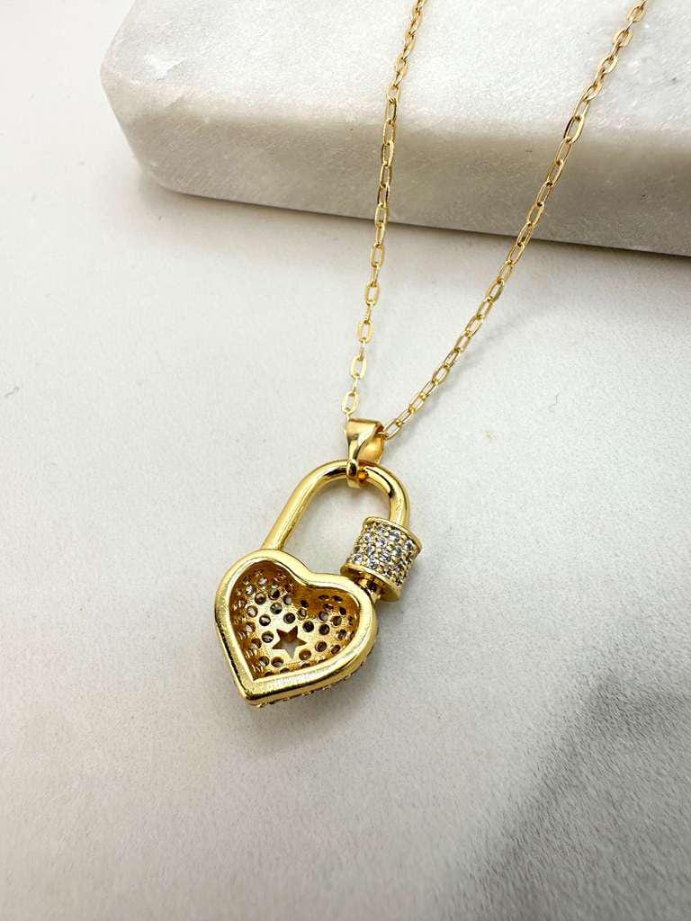 18k Gold Filled Paperclip Chain with CZ Heart Padlock + Key Charm Necklace, with Extender, Symbol of Love & Protection, Wholesale Jewelry