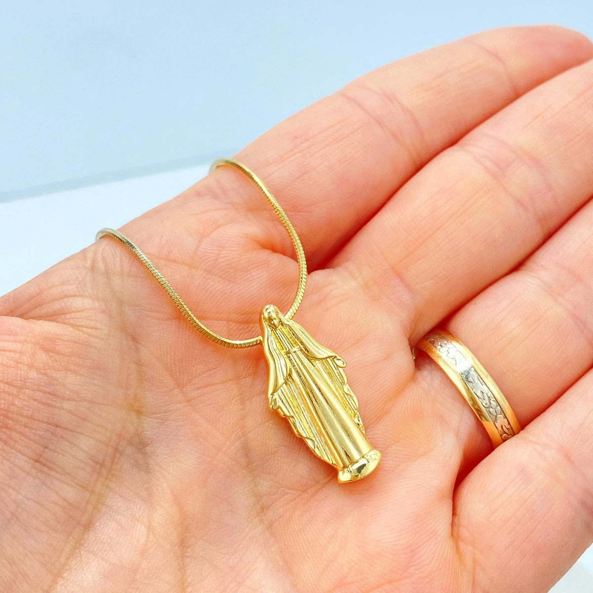 18k Gold Filled Miraculous Necklace, Virgin Mary Pendant with Snake Chain, 18 Inches, Religious Jewelry Gift, La Milagrosa Necklace