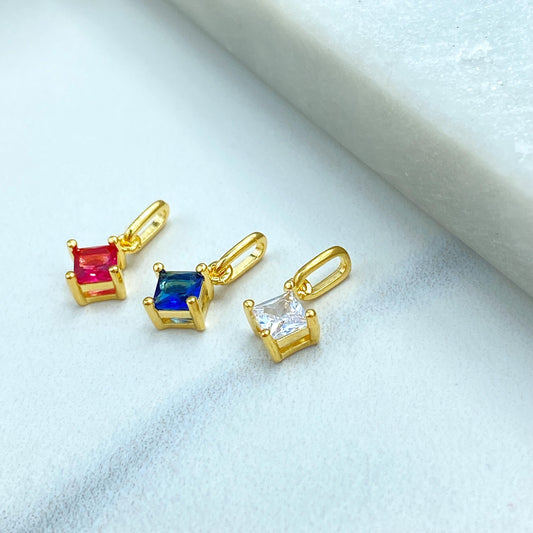 18k Gold Filled Charm, Petite Square CZ Charm in Ruby, Sapphire & Diamond Simulated Stones, CZ Charm, Dainty Jewelry, Wholesale Jewelry