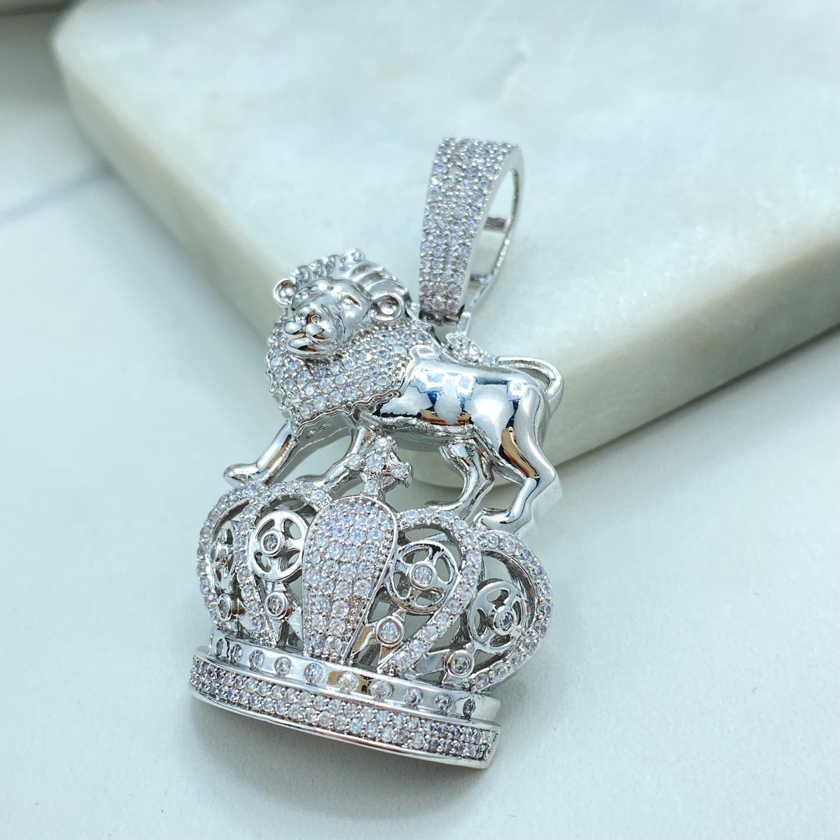 Silver Filled Cubic Zirconia, Pave, The Lion & The Crown Pendant Charms, Hip Hop, Men's Jewelry, Wholesale Jewelry Making Supplies