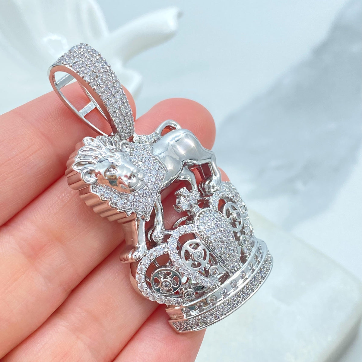 Silver Filled Cubic Zirconia, Pave, The Lion & The Crown Pendant Charms, Hip Hop, Men's Jewelry, Wholesale Jewelry Making Supplies