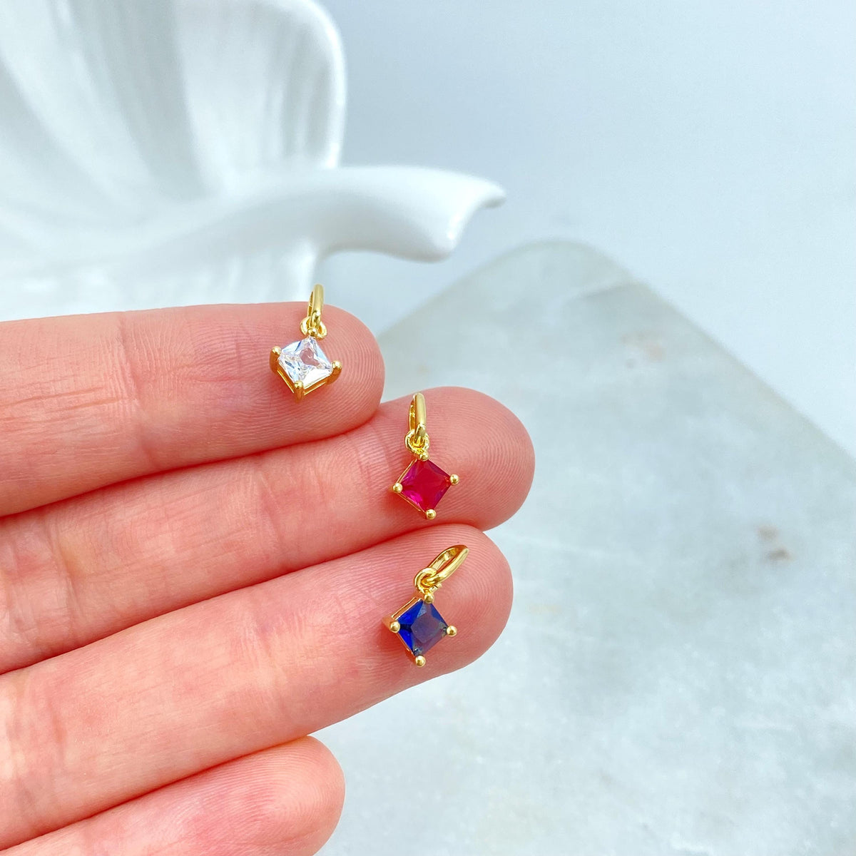 18k Gold Filled Charm, Petite Square CZ Charm in Ruby, Sapphire & Diamond Simulated Stones, CZ Charm, Dainty Jewelry, Wholesale Jewelry