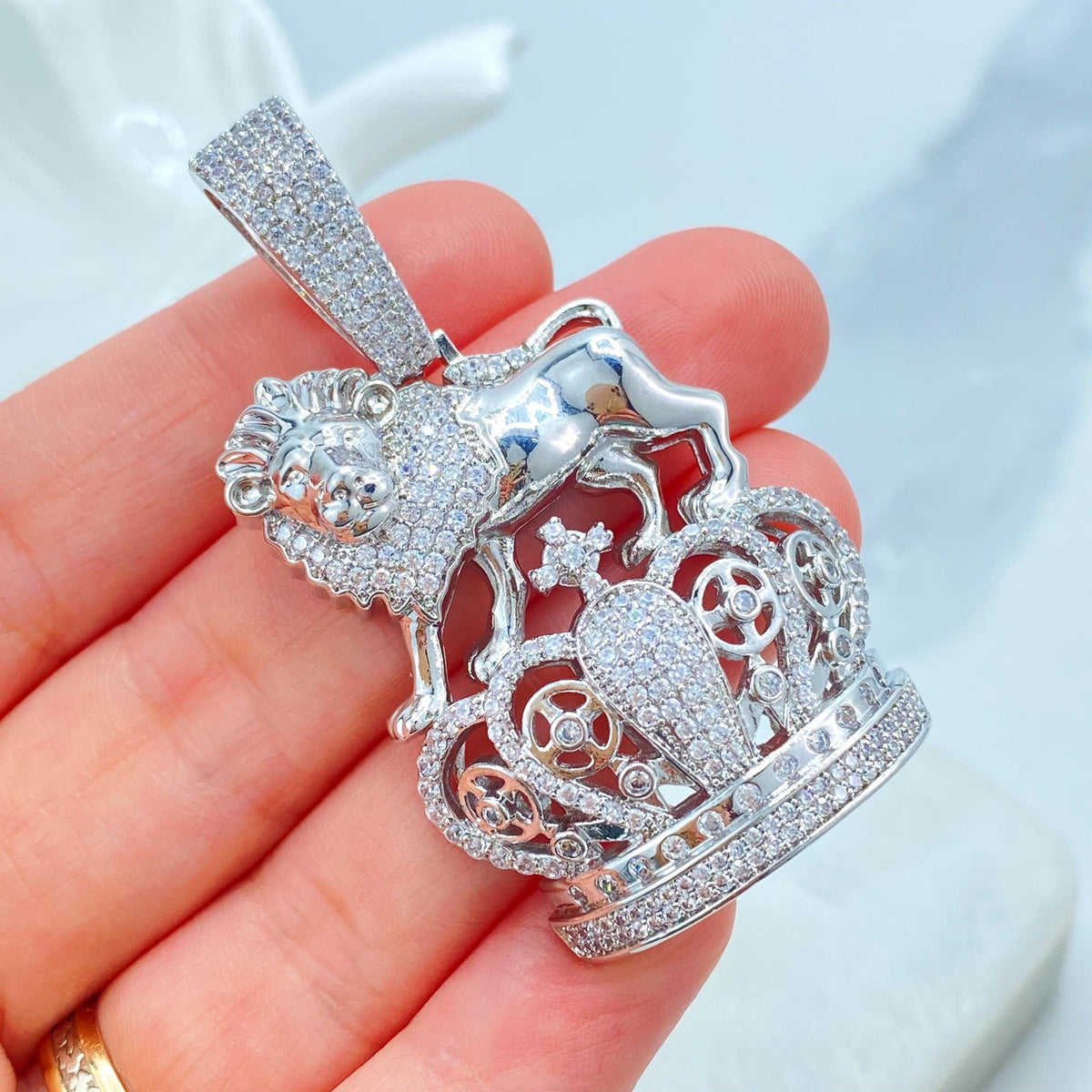 Silver Filled Cubic Zirconia, Pave, The Lion & The Crown Pendant Charms, Hip Hop, Men's Jewelry, Wholesale Jewelry Making Supplies