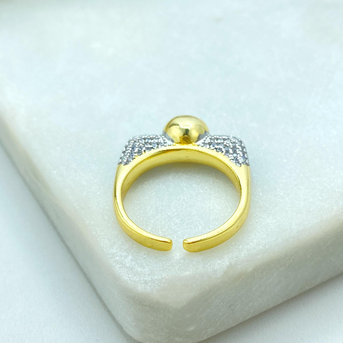 Gold Plated Adjustable Ball Ring, CZ Pave Side Design, Modern Minimalist Jewelry, Wholesale Jewelry