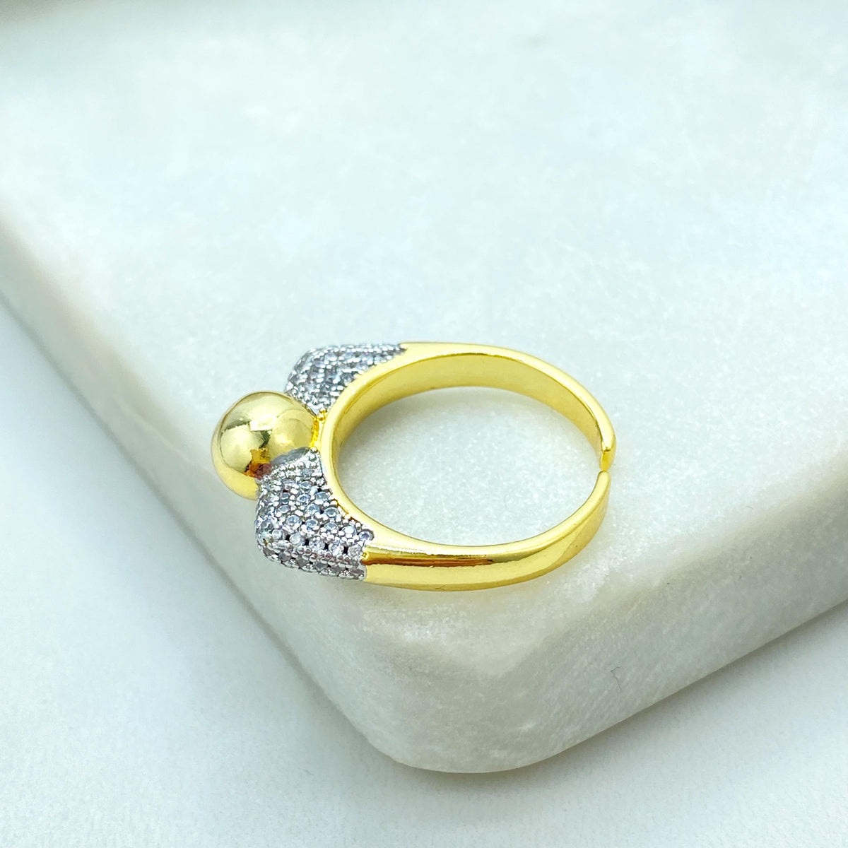 Gold Plated Adjustable Ball Ring, CZ Pave Side Design, Modern Minimalist Jewelry, Wholesale Jewelry
