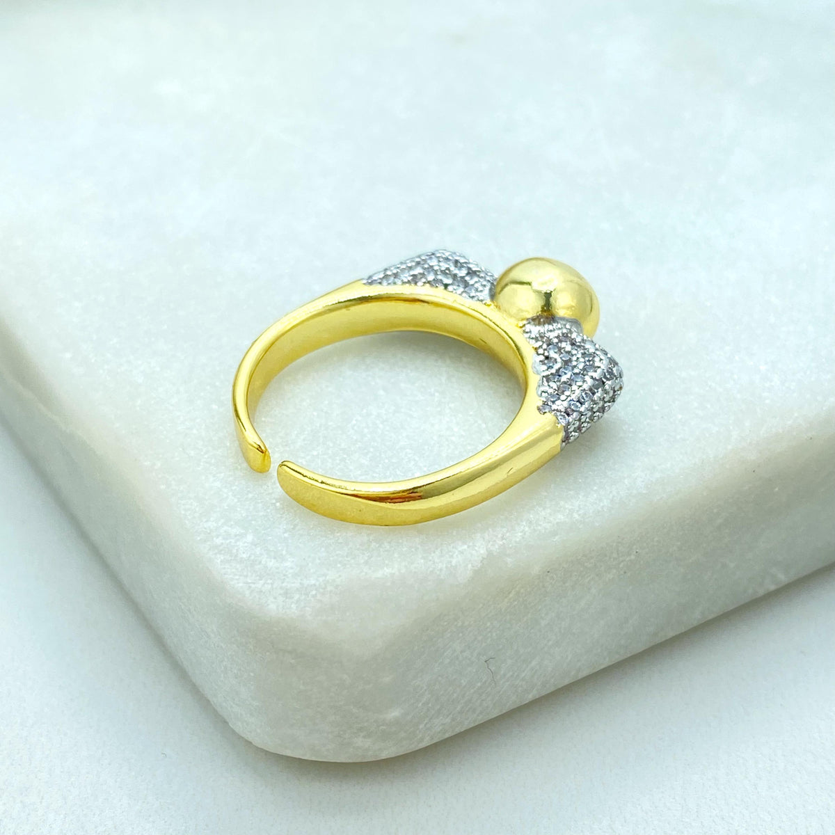 Gold Plated Adjustable Ball Ring, CZ Pave Side Design, Modern Minimalist Jewelry, Wholesale Jewelry