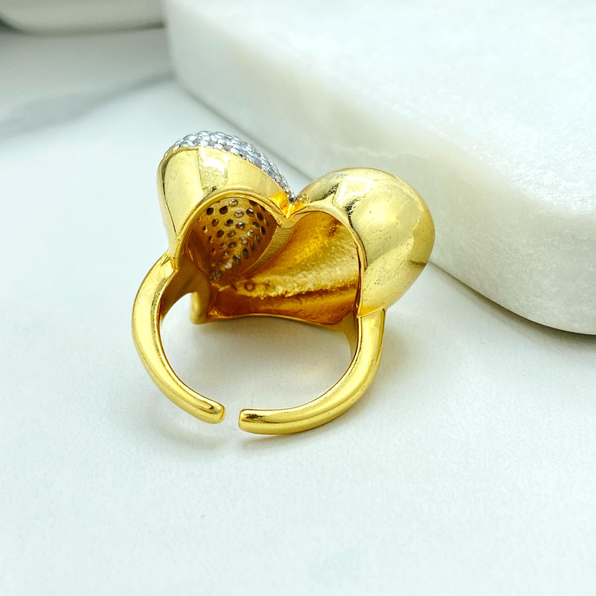 Gold Plated Adjustable Heart Ring, Half Pave Design, Romantic Statement Jewelry, Wholesale Jewelry